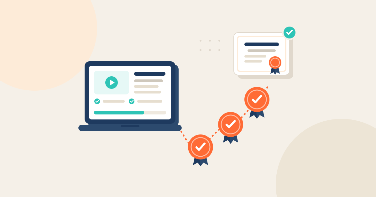 Illustration: an online course on a laptop, three module badges on a rising path and a verified completion certificate