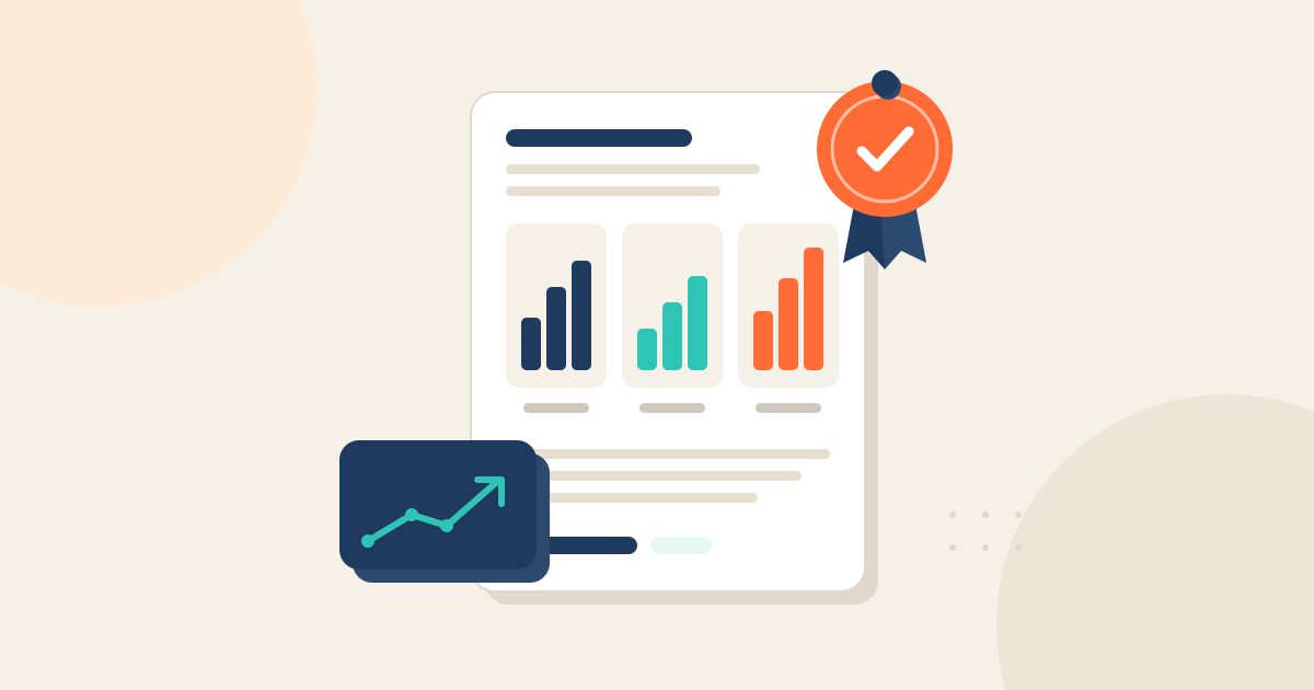 Illustration: a one-page training report with three bar charts for claim, share and completion rates, with a digital badge pinned to the corner