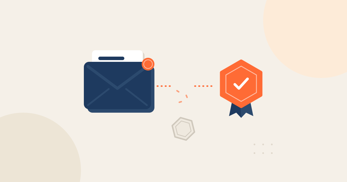 Illustration: an email envelope and a digital badge joined by a broken dotted line, with a faded badge lost in the gap